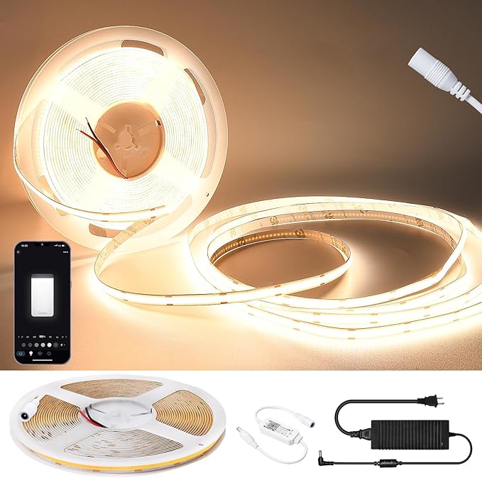 INDARUN COB Led Strip Light Warm White 3000K Dimmable, 32.8ft/10M Led Tape Light for Room Decor, 24V COB Led Strip, APP Control, Cuttable Led Light Strip for Shelf Lights, Bedroom