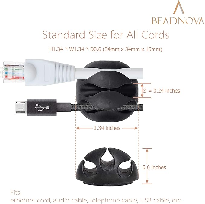 BEADNOVA Cable Clips Cord Organizer Cable Management Wire Cord Holder 3 Slots Adhesive Wire Holder for Car Charging Accessory PC Office Home (Black, 6 pcs)