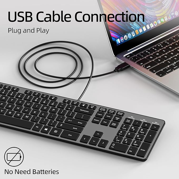 Wired USB Keyboard, Comfortable Quiet Chocolate Keys, Durable Ultra-Slim Wired Computer Key board(QWERTY) for PC, Windows 11/10/8/7/XP/Vista KB1430 (grey wired keyboard, Full Size Keyboard)