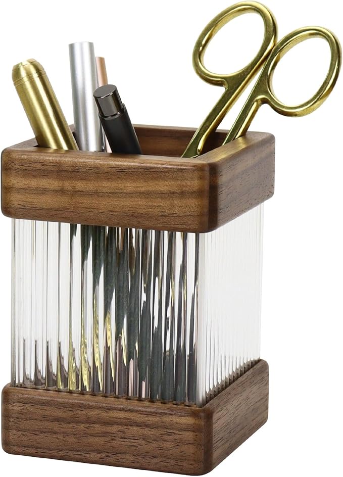 MultiBey Walnut Wooden Pencil Holder, Clear Acrylic Wood Pen Holder, Black Walnut Desktop Pencil Cup Stand Wood Desk Accessory Organizer for School Office Home Supplies