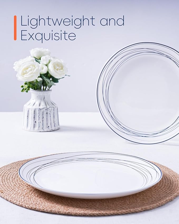 10.5 inch Dinner Plate Set of 6, Lightweight Round Opal Glass Dinnerware Plates, Dishwasher and Microwave Safe, Blue Modern Geometric Design