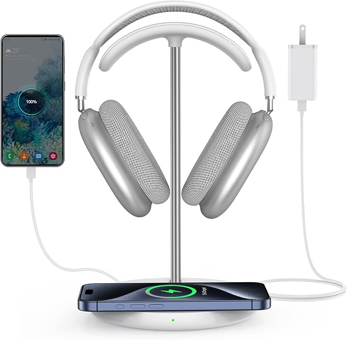 Miroddi Headphone Stand with Wireless Charger, Independent USB Charging Port, 5 in 1 Charging Station Headset Holder Rack for AirPods Max/Pro/4/3/2, iWatch, iPhone, Samsung and Desk Headphones, White