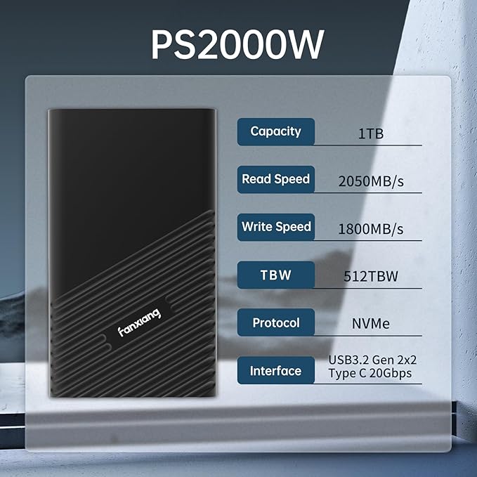 fanxiang 1TB External SSD, Portable Solid State External Hard Drive USB 3.2 Gen2x2, Up to 2000MB/s, USB-C External Storage for iPhone 15/Pro, PC, Laptop, Creators,Gaming Console - PS2000W