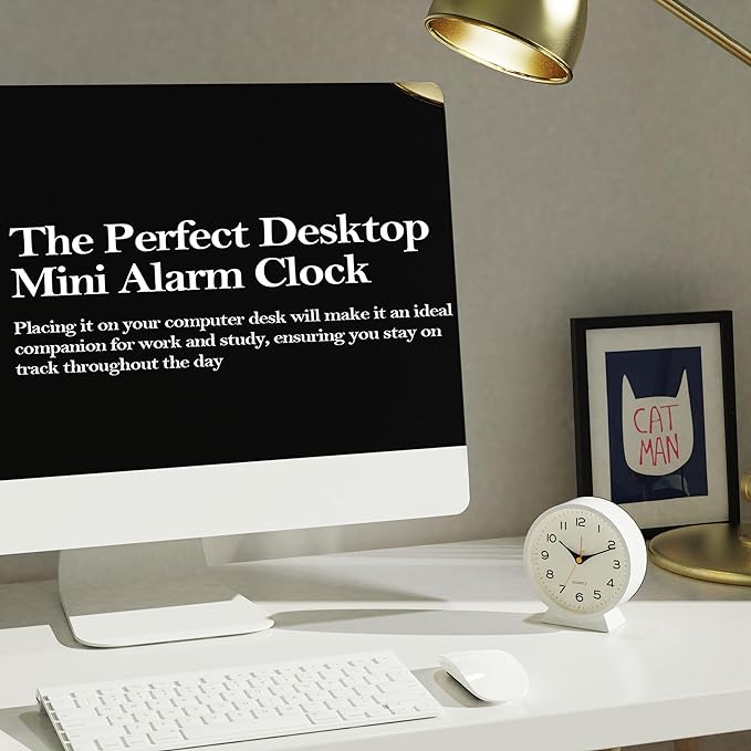 AYRELY® 4.5" Analog Alarm Clock,Small Retro Desk Clock Battery Operated,Slient Metal Table Clock with Light for Living Room Decor,Bedroom,Bedside,Shelf (White)