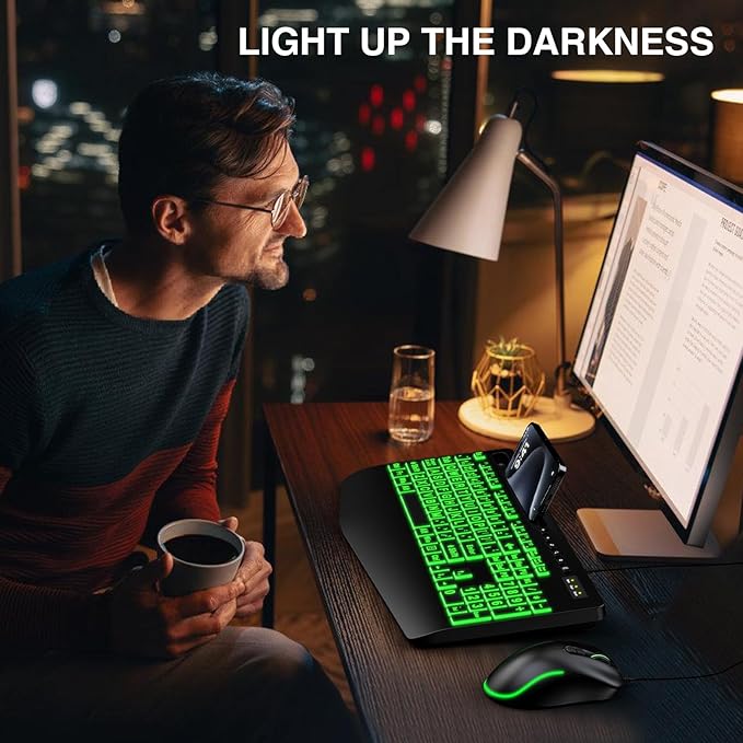 Wired Keyboard Mouse Combo - Large Print Backlit, Ergonomic Wrist Rest, 6 DPI RGB for PC/Windows - Ideal for Seniors, Students, Office and Home SABLUTE