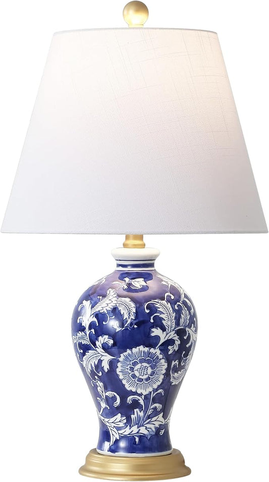 JONATHAN Y JYL3009E Grace 24" French Country Cottage Ceramic/Iron Floral Urn LED Table Lamp, Navy/White for Bedroom, Living Room, Office, College