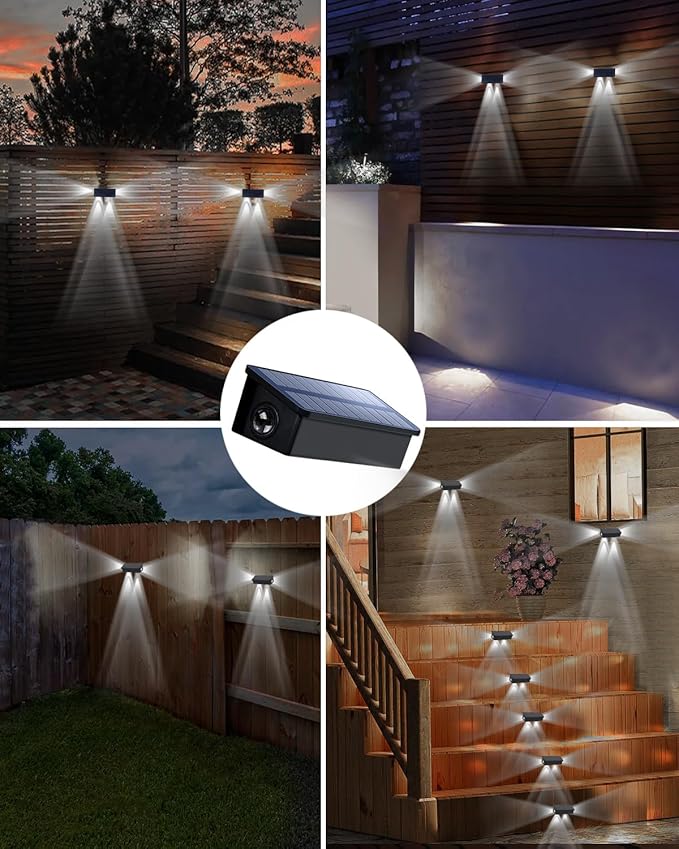 8 Pack 3-Side Solar Fence Lights Outdoor Waterproof with Cool White LED Spot Lens, for Wall, Deck, Patio, Yard, Rail, Garage, Pool, Designed for Enhanced Security, Easy Install