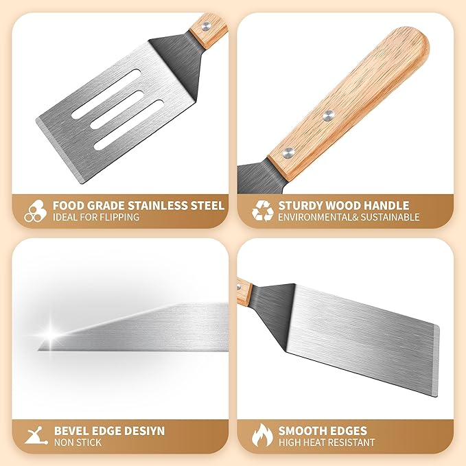 Stainless Steel Spatula Set, Metal Spatula for Cast Iron Skillet, Metal Spatulas for Kitchen Use with Wooden Handle, Ideal for Frying Steak, Pancake, Cookie, Burger, Brownie or Desserts