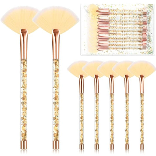 12 Pcs Fan Brushes for Facial Mask Brushes with Glitter Quicksand Handle Cosmetic Facial Fan Brush Soft Facial Mask Brush Applicator Facial Peel Applicator Face Mask Tools with Pouch (Gold)