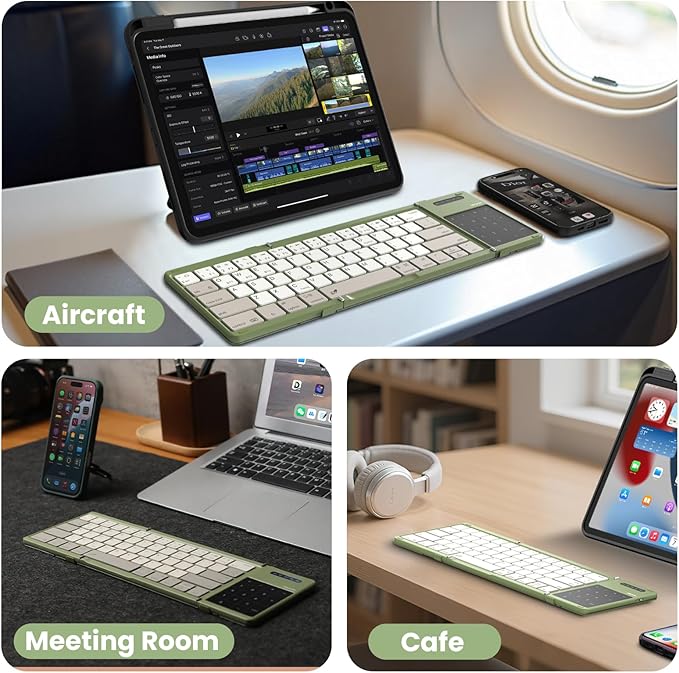 Nillkin Pocket Foldable Wireless Keyboard with Touchpad Numerical Pad for Travel Meeting for iPad Tablets Phone Laptop PC, Full Size (Small) Magnetic Folding Keyboard (Green)