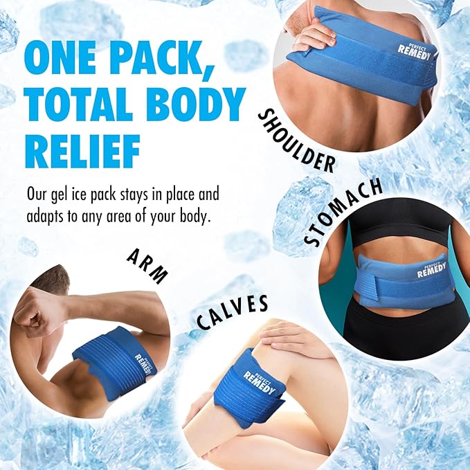 Perfect Remedy 2-Pack Gel Ice Packs for Injuries with Strap Cover, Flexible Hot Cold Compress, Soothing Soft Ice Packs for aid in Injuries Conditions, Alternative to Hot Water Bottles (Blue, Regular)