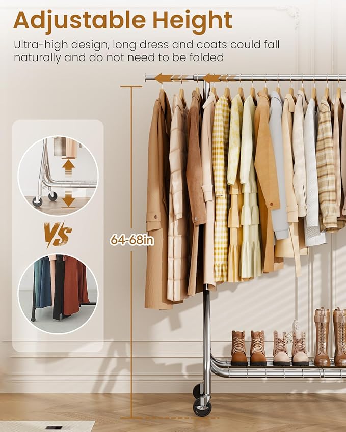 Heavy Duty Garment Rack, Metal Clothes Rack Load 450 LBS, Rolling Clothing Racks for Hanging Clothes with Lockable Wheels, Wardrobe Closet Coat Racks for Bedroom, Silver