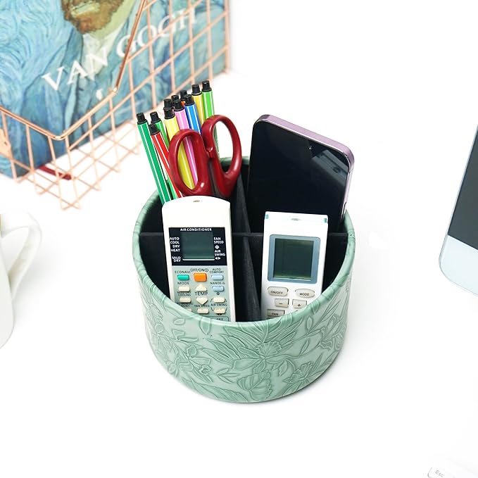 Hennaja Round Leather Art Supply Organizer,Remote Control Holder,360 Degree Spinning,Multi-Functional Pencil Holder,4 Compartments Desktop Stationary Organizer(1-Carved Dark Green)