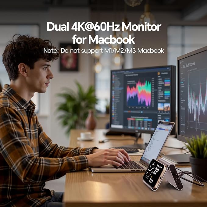 MacBook Pro Docking Station Dual Monitor 4K@60Hz for MacBook Pro/Air M3 Pro/M4, PULWTOP USB C Docking Station Stand Laptop Dock with 2 HDMI, PD, Ethernet, USB A/C 10Gbps, Audio, SD/TF, USB 2.0