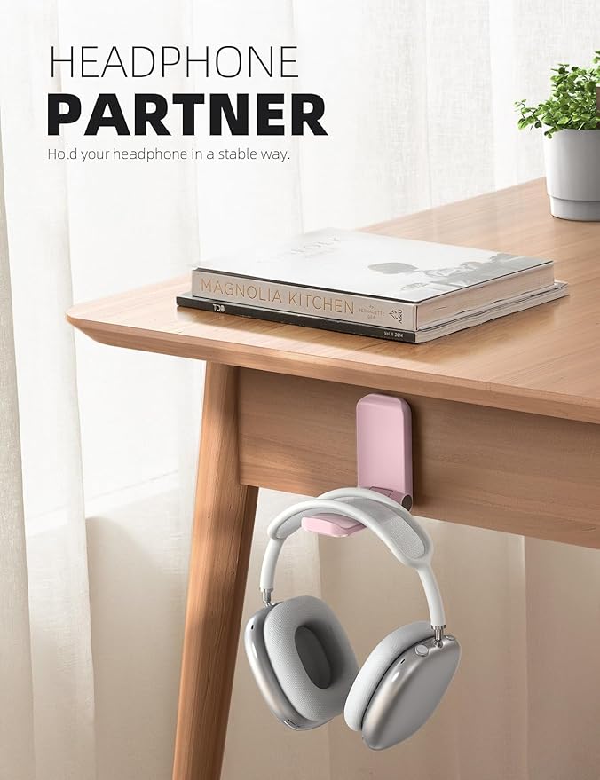 Lamicall Headphone Stand, Sticky Headset Hanger - Adhesive Headphone Holder Hook Mount, Headset Stand Holder Clip Under Desk, Earphone Clamp for Airpods Max, HyperX, Sennheiser, Pink