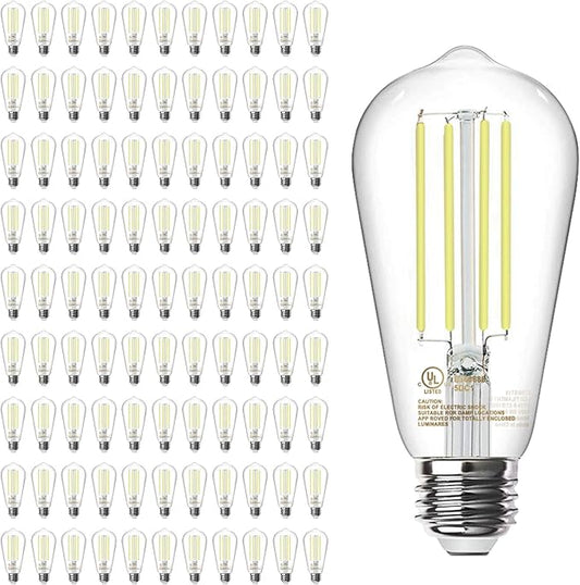 TJOY 100 Pack Vintage Edison LED Light Bulbs, Dimmable, 60W Equivalent, E26 Medium Base, 5000K Daylight, ST58, 8W, 800LM, Ultra-Bright, 80+CRI, Antique Decorative Filament, Clear Glass