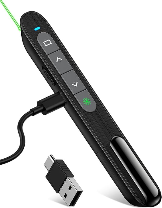 USB C Rechargeable Presentation Clicker with Green Light,Remote Clicker for Presentations Wireless Presenter Slide Changer PPT Advancer Pointer with Volume Control for Laptop Computer
