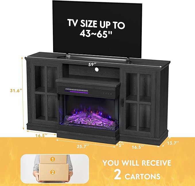 JUMMICO Fireplace TV Stand for TVs up to 65'', 3-Sided Glass Media Entertainment Center Console Table with Cabniet Storage Adjustable Flame LED Color for Living Room (Black)