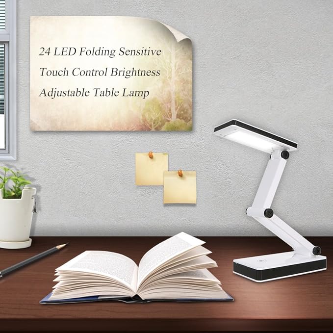 Foldable LED Desk Lamp Portable LED Table Lamp Folding Light Sensitive Touch Control 3 Levels Adjustable Brightness Battery and USB Powered for Travel Reading Studing Home Office School
