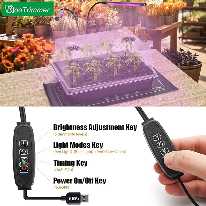 4-Pack Seed Starter Kit with Adjustable Grow Lights & 2 Heat Mats – 5'' Humidity Domes for Indoor Plants, Vegetables, Seedlings, Full Spectrum 20W, 4000K LED Light and Germination Tray with Vents