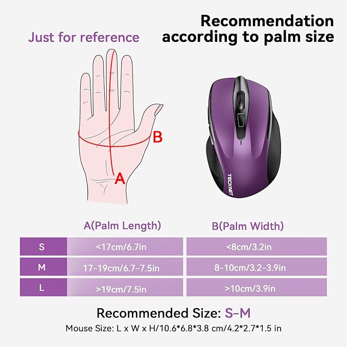 TECKNET Wireless Mouse (BT5.0/3.0 & 2.4G) Rechargeable 4800 DPI Silent USB A & Bluetooth Mouse 6 Buttons, Wide Compatibility - Purple