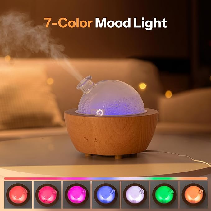 Wanlola 200ml Glass Essential Oil Diffuser with Natural Wood Base, Aromatherapy Diffusers for Home, Cool Mist Air Humidifier with 7 Color Lights for Office, Bedroom