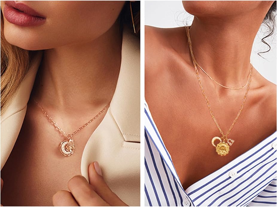 Gold Zodiac Sign Embossed Coin Opal Crescent Moon Charm Necklace for Women Trendy 18K Gold Plated Retro Paperclip Chain 12 Constellation Horoscope Necklaces Astrology Jewelry Gifts