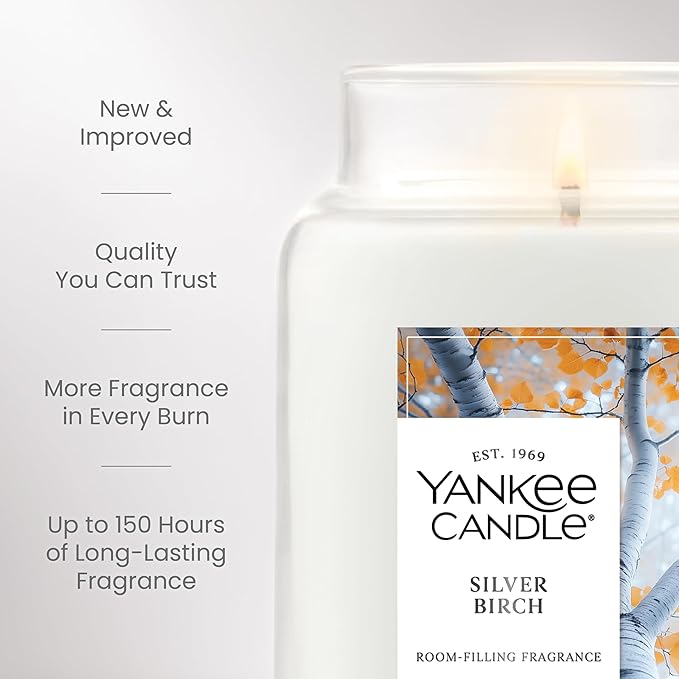 Yankee Candle Large Jar Scented Candle with up to 150 Hour Burn Time, Premium Plant Wax Blend for Consistent Burn, 22 oz Jar Candle with Room Filling Fragrance, Silver Birch