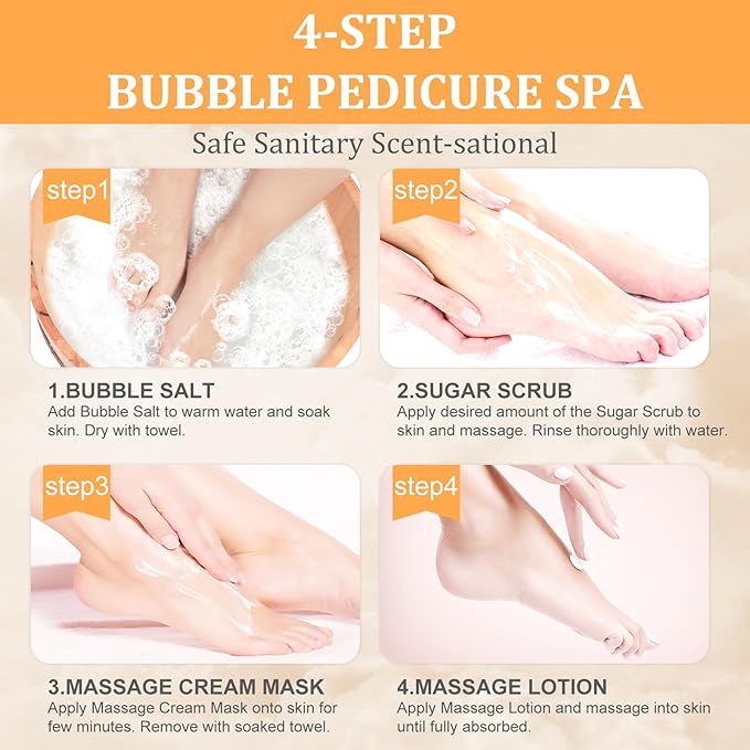 Pedicure Kit Foot Soak Set: Bubble Salt, Sugar Scrub, Massage Mask, Massage Lotion in a Box, 4 Step Foot Spa Kit for Dry Feet,Tired Feet（3 Set Tropical Fruit)