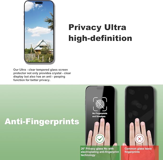 2 Pack Privacy Screen Protector for iPhone 16/15/14 Pro 6.1-Inch Auto Dust Removal, No Bubbles, Anti-Spy Tempered Glass Film, Easy Installation