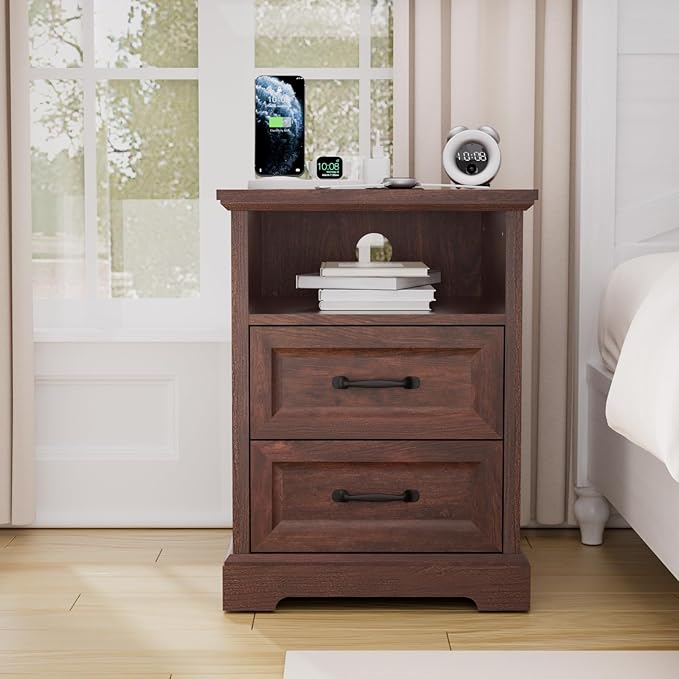 HOMMPA 18'' Farmhouse Nightstand with Charging Station, Bedside Tables with Storage, Bed Side End Table with Open Shelf, 2 Drawers Wood Night Stand Dresser for Bedroom, Living Room, Maroon Brown