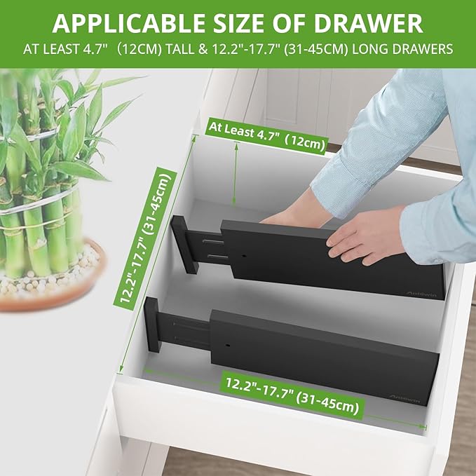 ANTOWIN 4 Pack Expandable Drawer Dividers, 4.7'' High, Extend from 12.2'' to 17.7'', Dresser Drawer Organizers, Bamboo Separators for Kitchen, Bedroom, Office, Bathroom (Black)