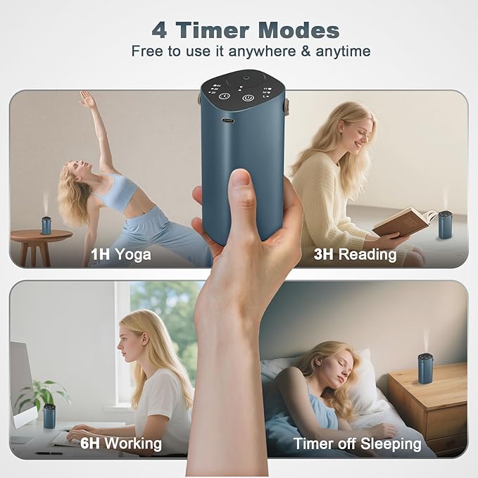 Waterless Essential Oil Diffuser for Car & Home，Aromatherapy Diffuser with 4 Timer（1/3/6/Off, 3 Mist Mode, Battery Operated, Air Scent Diffuser for Bathroom Office, Small Aroma Diffuser Greyblue