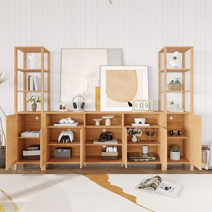 Combination TV Cabinet, for TVs Up to 70", Large TV Stand with Bookshelves, Storage TV Cabinet, Multi-Functional Home Entertainment Center with Adjustable Shelves