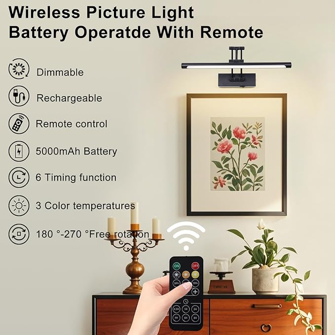 Battery Operated Picture Light with Remote 16” Black Art Light for Painting Dimmable & Timer Wireless Gallery Lights 3CCT Frame lighting Rechargeable Wall Lights for Artwork Potrait Dartboard