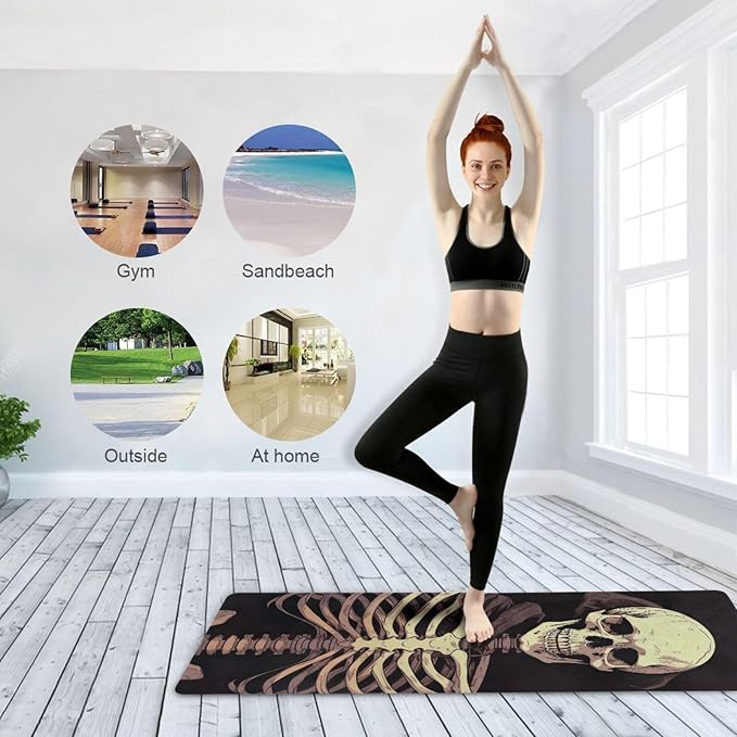 Funny Halloween Skeleton Yoga Mat, 71 x 26 Inch Non-slip Yoga Mats Folding Travel Exercise Mat Indoor Outdoor Gym Pilates with Storage Bag for Women Men