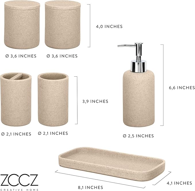 ZCCZ Beige Bathroom Accessories Set 6 Pieces - Toothbrush Holder, Lotion Dispenser, Qtip Container, Vanity Tray, Tumbler - Countertop Organizer for Bathrooms - Elegant and Functional Décor Set