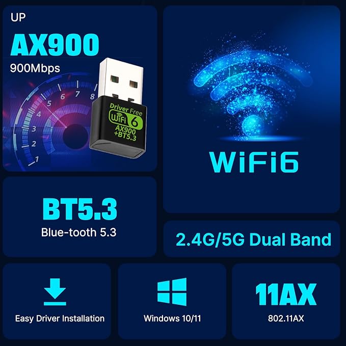 AX900 USB WiFi 6 Adapter BT 5.3 WiFi USB Adapter for PC with RTL8851BU Chip Dual-Band 2.4GHz/5GHz up to 900Mbps Built-in Antenna Plug and Play 802.11ax Gaming Office Wireless Network Card