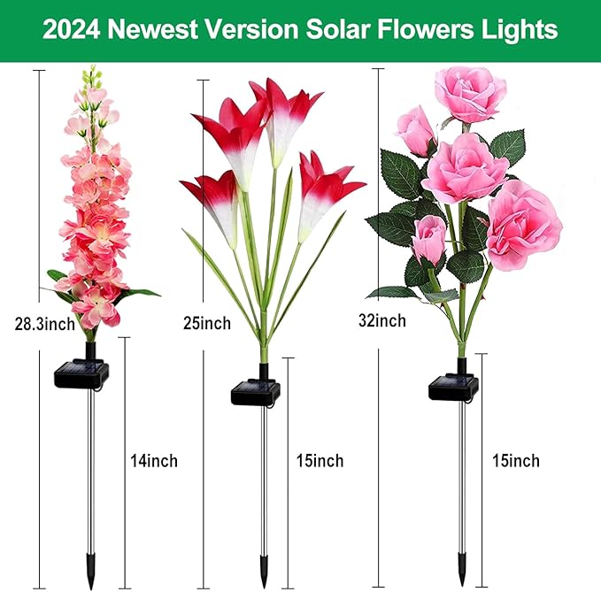 Solar Garden Lights Waterproof, 3 Pack Solar Flowers Lights Includes Lily Rose Delphinium, Gardening Gifts for Mom Grandma Women, 7-Color Changing Outdoor Decor for Garden Yard Patio Lawn