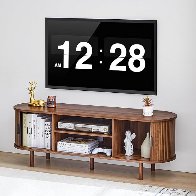 54" Fluted TV Stand with Storage, Mid Century Modern TV Console with Tambour Sliding Doors, Curved Entertainment Center, Media Console for Living Room, Bedroom (Walnut)