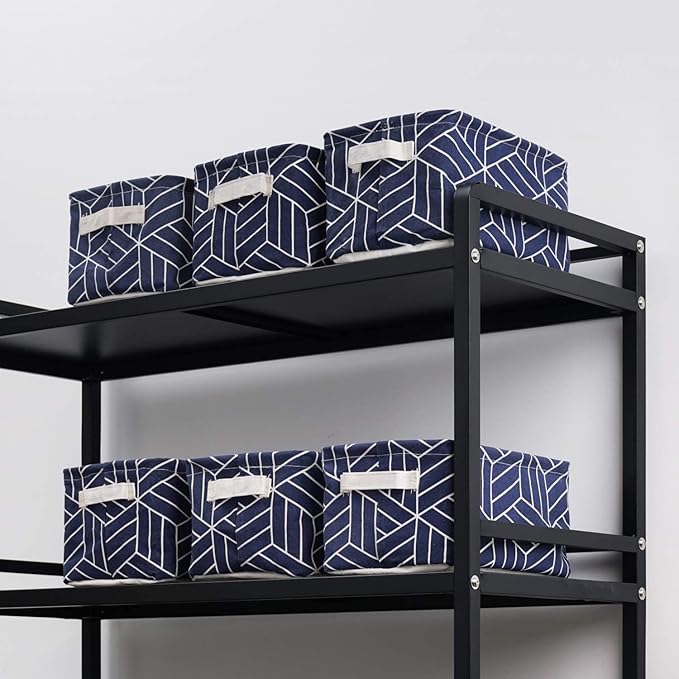 CROWNED 6 Pcs Storage Basket Foldable Cube Fabric Bins Square Mini Box Receive Organizer Rectangle Canvas with Handles for Home Office Books Small 11x8x6.3 inch Navy