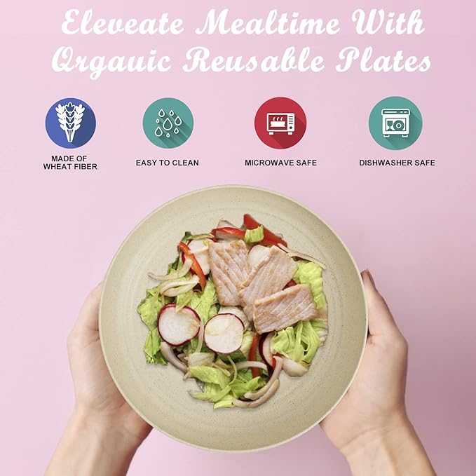 Wheat Straw Plates - 9 Inch Unbreakable Dinner Plates Set of 8 - Dishwasher & Microwave Safe Plastic Plates Reusable - Lightweight Plates for kitchen,R.V. (Beige)