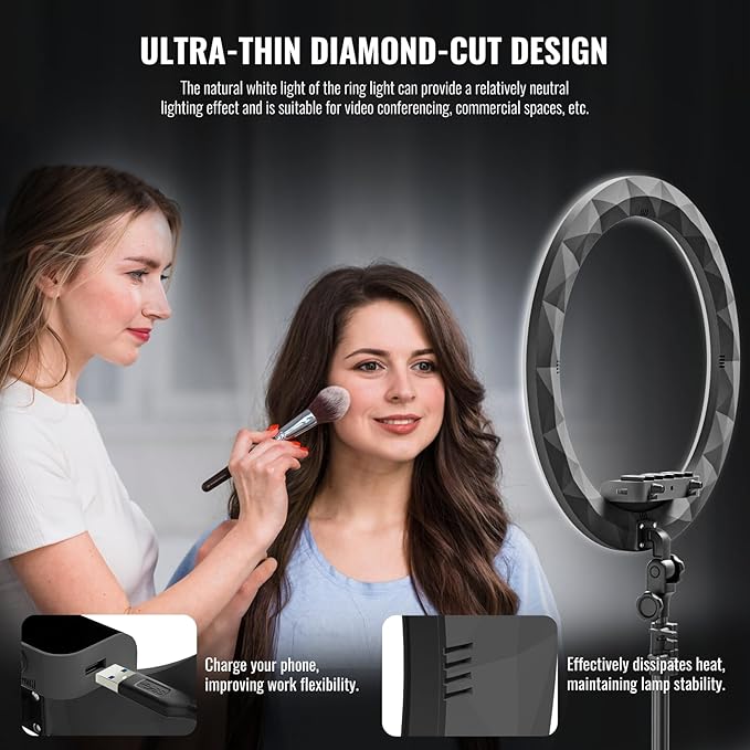 Ring Light with Stand, 19in LED Selfie Circle Light, Max 8ft/2.5m Tripod Stand, 3 Holders for iPhone, Remote Control, 6300K Color Temperature for Live Streaming, Barber, Makeup, YouTube, Tiktok