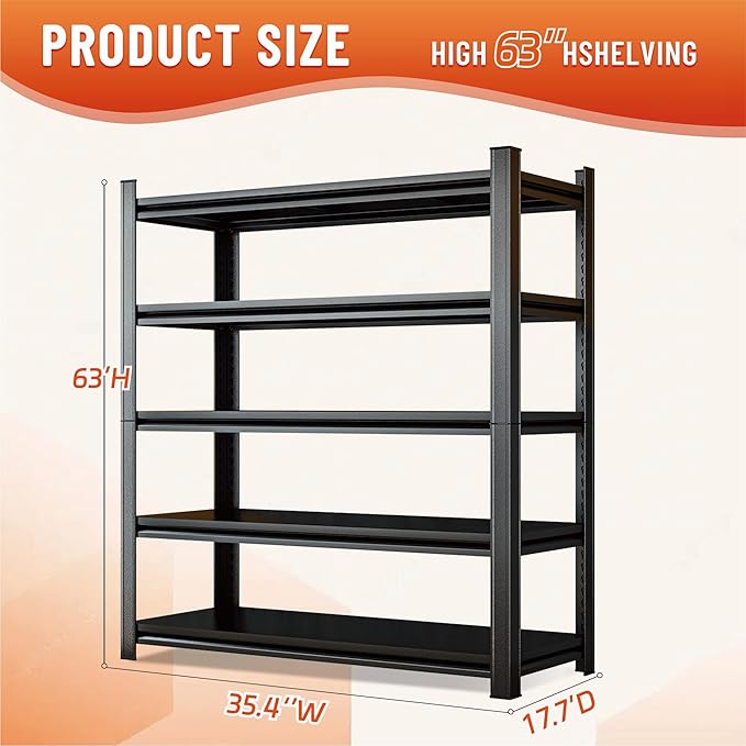 Heavy Duty 5-Tier Shelving Unit 2500LBS Capacity - Adjustable Steel Garage Shelves for Warehouse, Basement Storage(35.4''W×17.7''D×63''H)