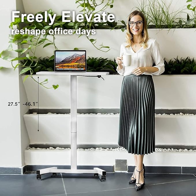 28-Inch Mobile Standing Desk Adjustable Height, Portable Standing Desk with Lockable Wheels, Rolling Table for Home Office Classroom Hospital (Snow-White)