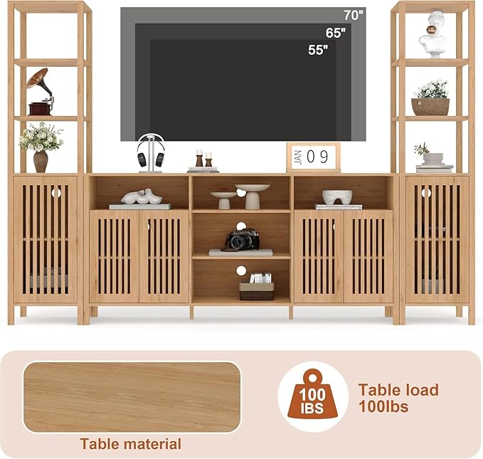 Combination TV Cabinet, for TVs Up to 70", Large TV Stand with Bookshelves, Storage TV Cabinet, Multi-Functional Home Entertainment Center with Adjustable Shelves