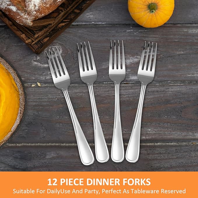 Dinner Fork Set -12 PCS Silver 18/0 Premium Food Grade Stainless Steel Flatware Salad Forks， Durable Metal Forks Silverware, Mirror Polished & Dishwasher Safe for Home, Kitchen, Restaurant