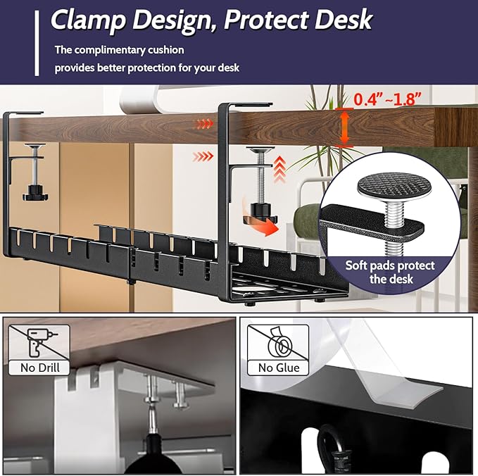 Shikha 2 Pack Cable Management Under Desk, 15.7"-31" Retractable Cable Management Tray, No Drilling Cord Organizer with Clamp for Desk, Under Table Wire Management Tray for Home Office