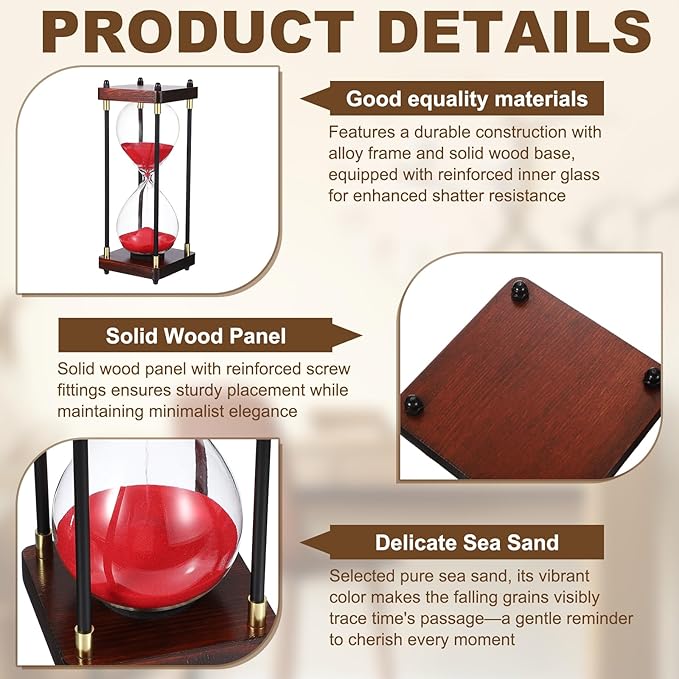 PATIKIL Large Decorative Sand Timer, 30 Minutes Wood Hour Glass Timer Modern Wooden Hour Glass for Cooking Game Office Classroom Kitchen Home, Red(Style 2)