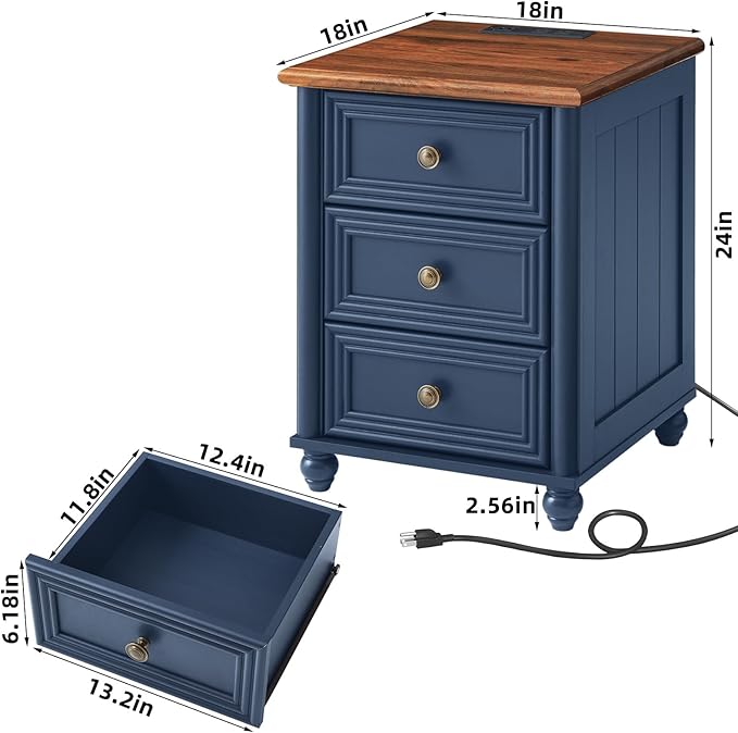 18" Farmhouse Nightstand with Charging Station and USB Port, Blue Night Stand with 3 Drawers, Wood Bedside End Table with Storage, Bed Side Tables for Bedroom Living Room and Closet
